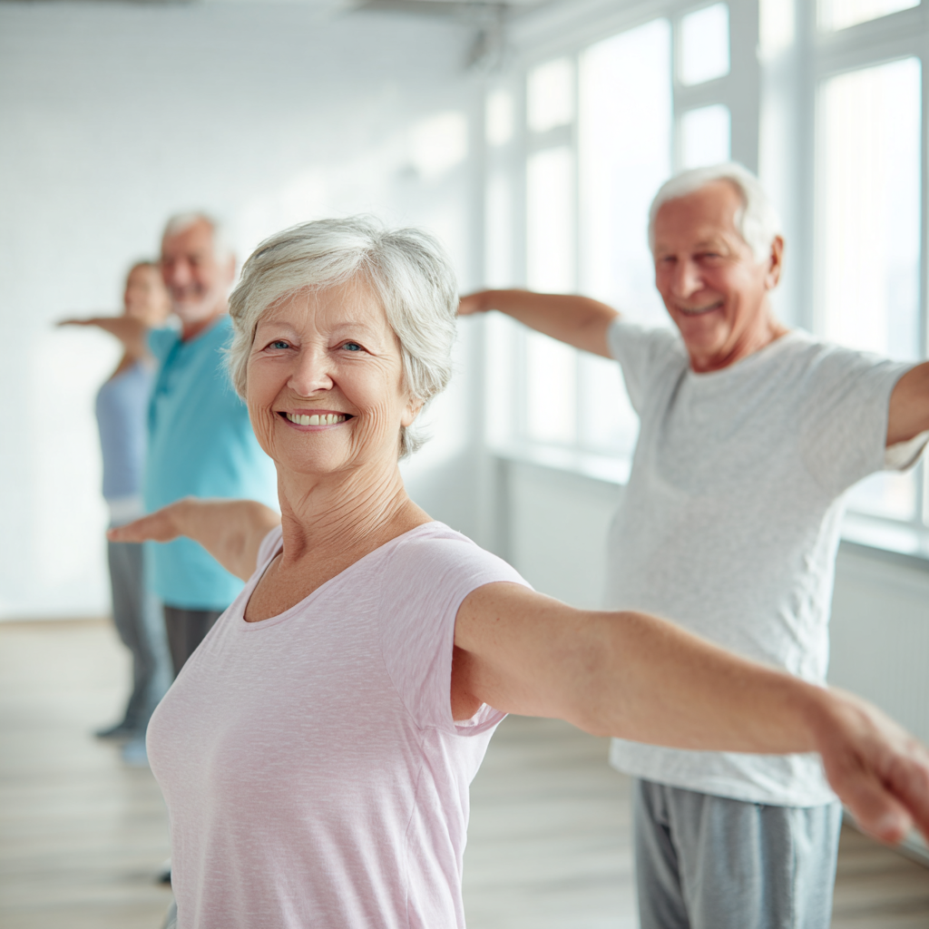 Щаслива зріла жінка європейської зовнішності біля 50 років з сяючою посмішкою, що демонструє гнучкість та здоров'я, у світлому фітнес-залі