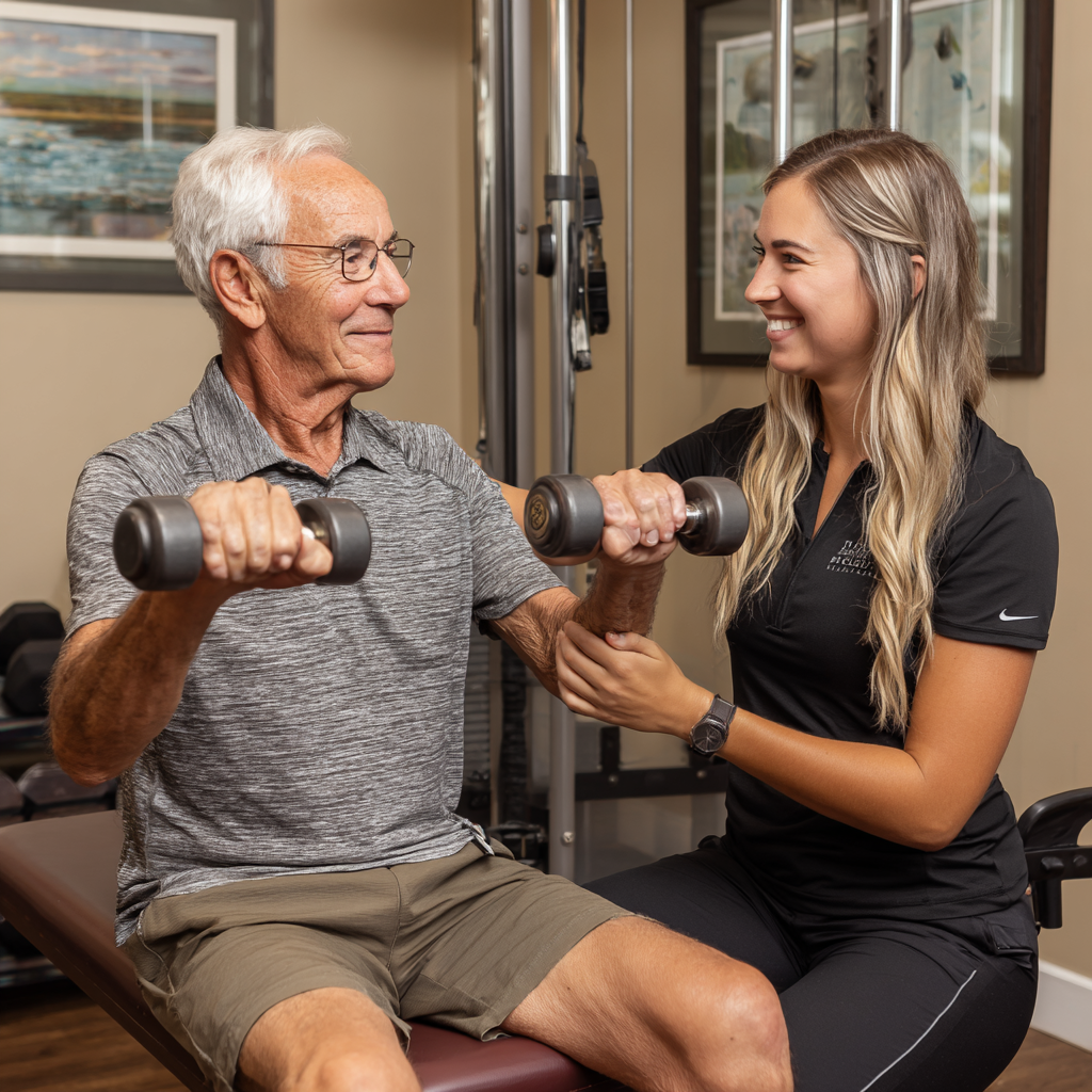 Здоровий чоловік європейської зовнішності близько 45 років з широкою посмішкою, що виконує фізичні вправи на свіжому повітрі, демонструючи силу та витривалість