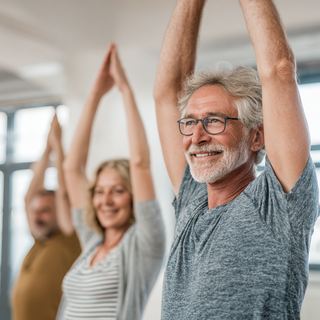 Спеціаліст європейської зовнішності середнього віку з добродушною посмішкою, що демонструє правильну техніку вправ для суглобів у світлій терапевтичній кімнаті